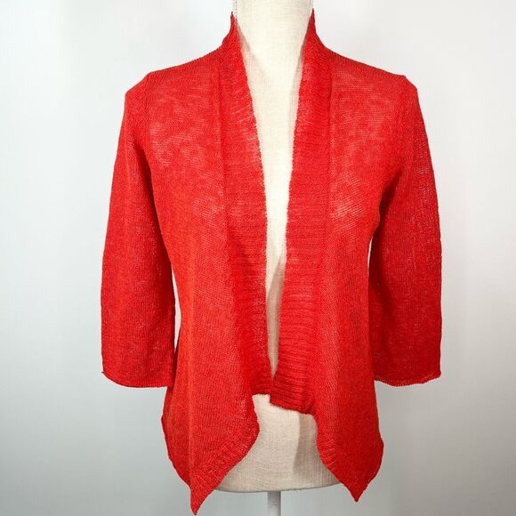 Eileen Fisher Petite Red Linen Blend Open Front Cardigan PS Petite Small - Picture 4 of 9